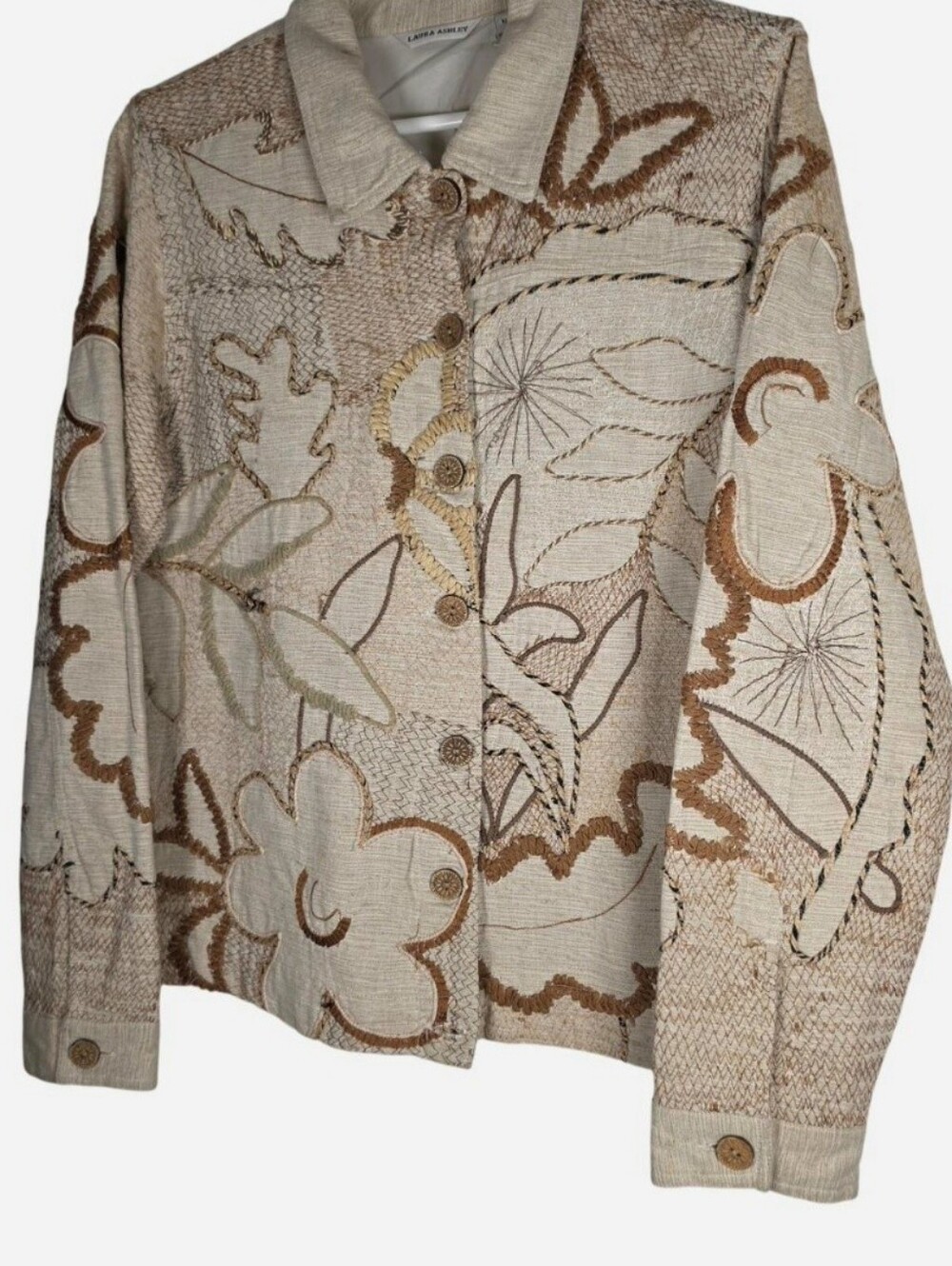 Laura Ashley Embroidered Floral Jacket Beige Button Front Cotton Blend Boho Med - Picture 2 of 6